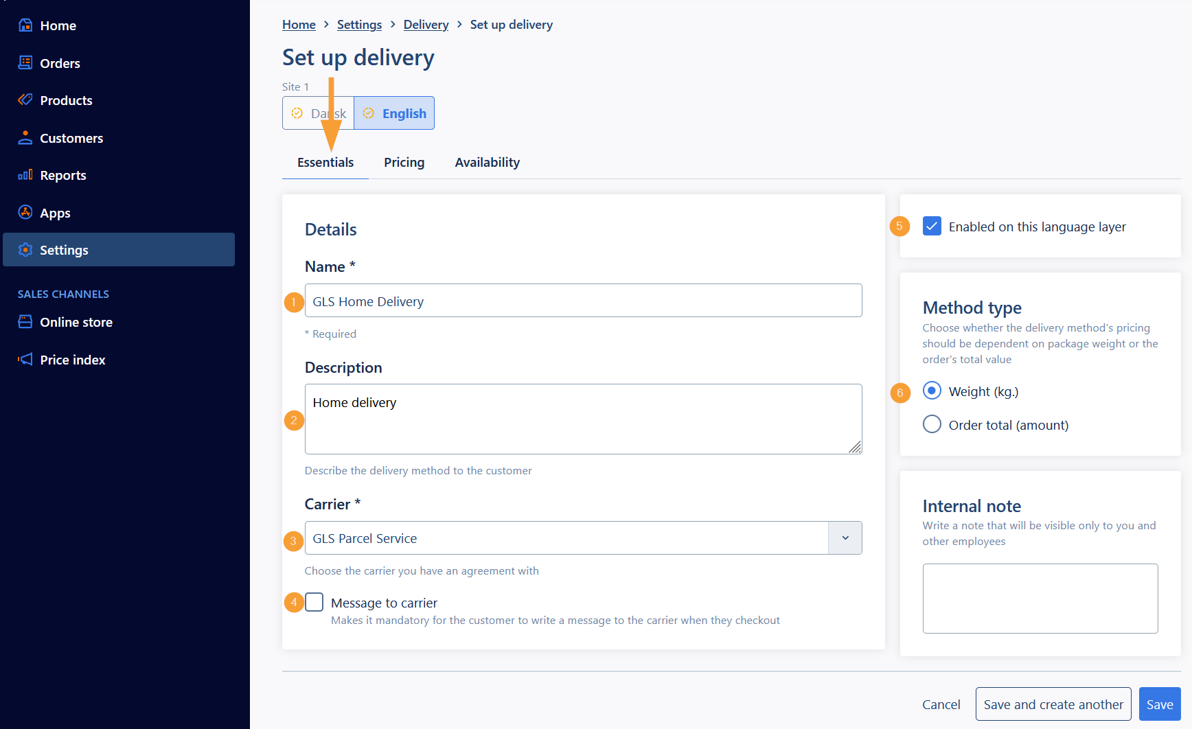 Screenshot of deliverymethod