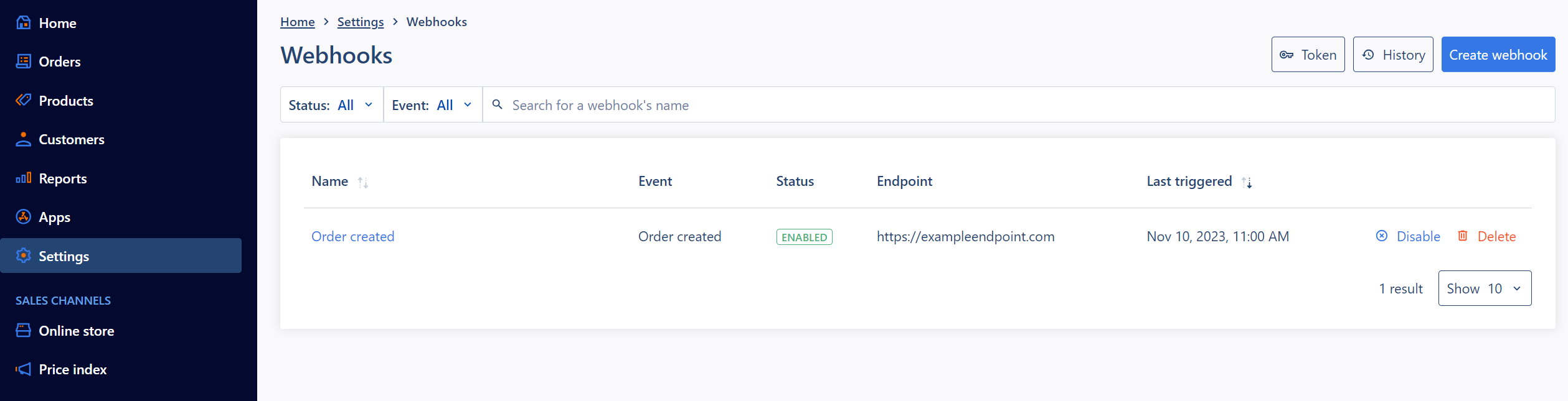 Screenshot of webhooks