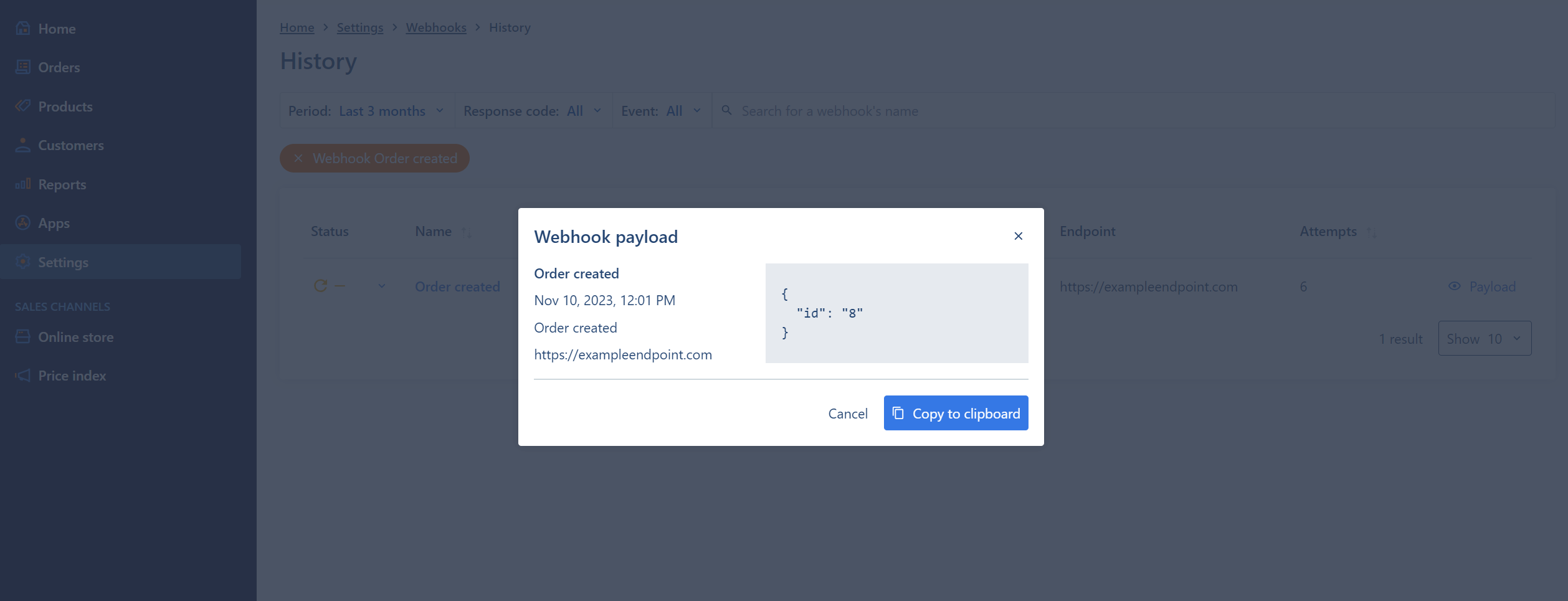 Screenshot of webhooks