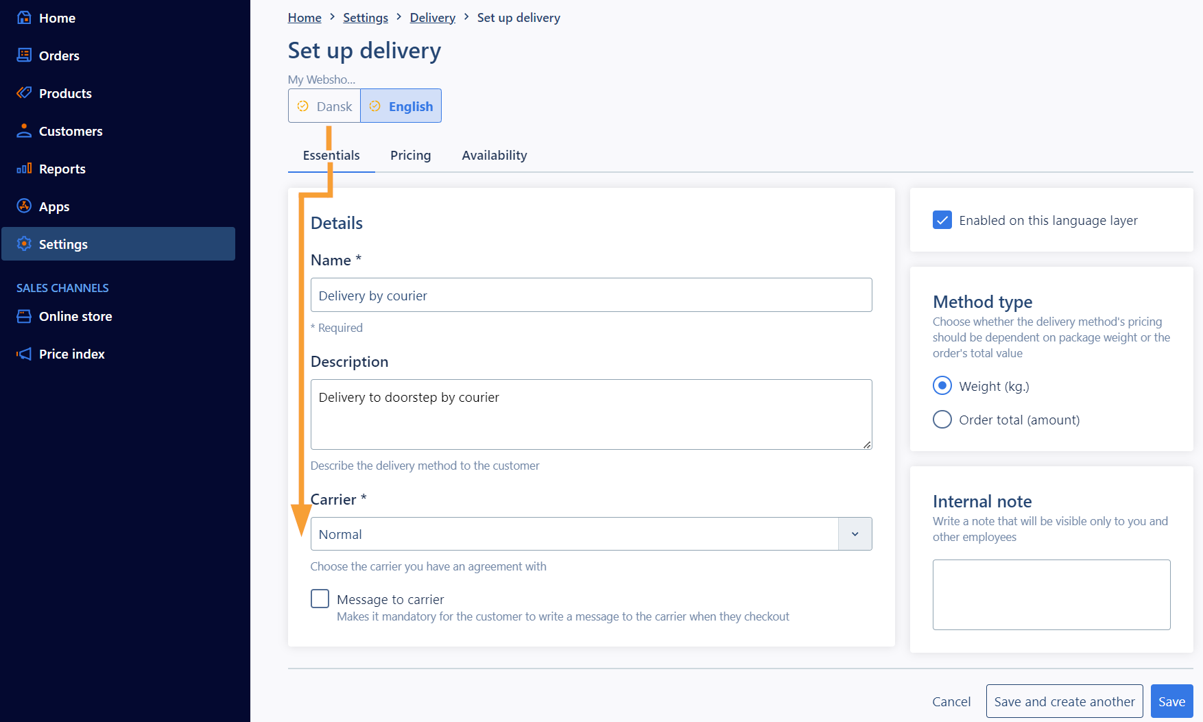 Screenshot of deliverymethod