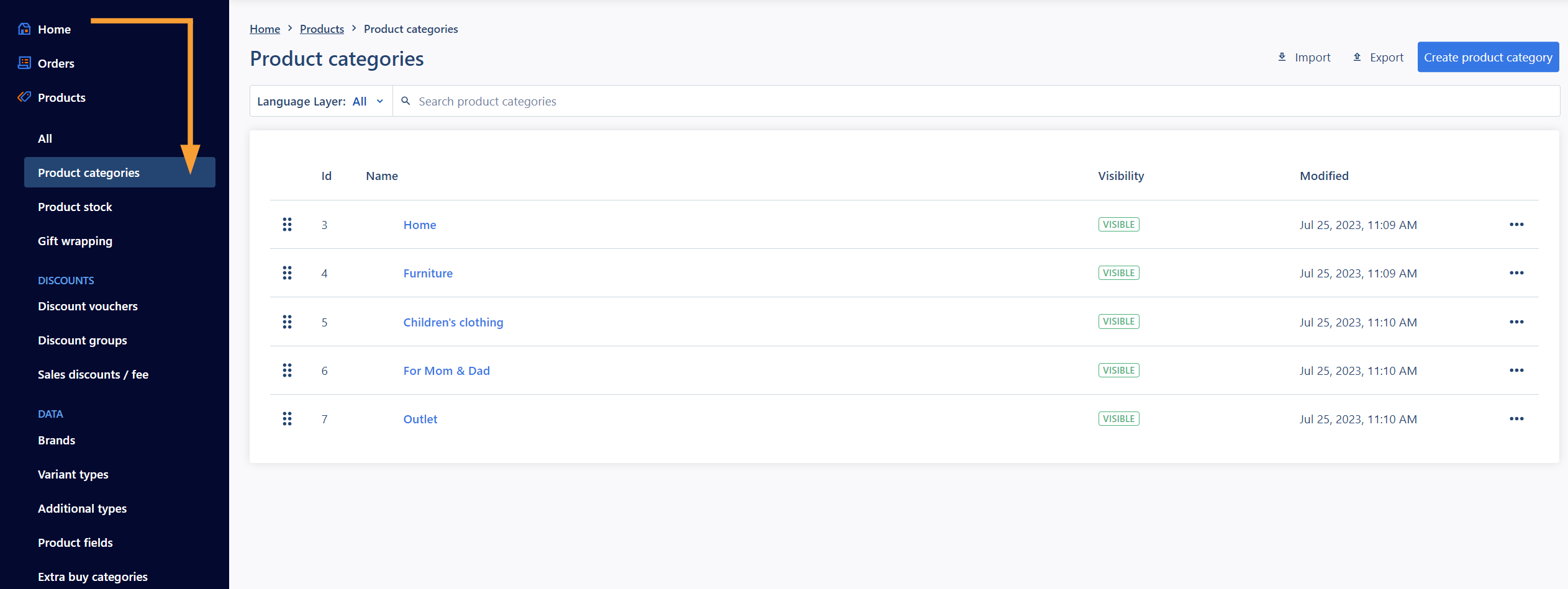 Screenshot of admin