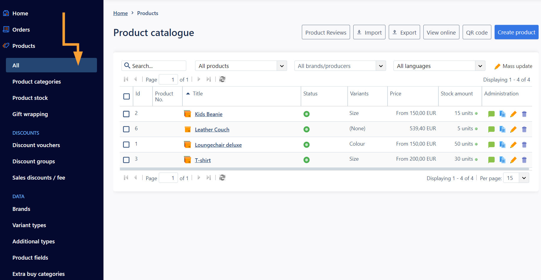 Screenshot of admin