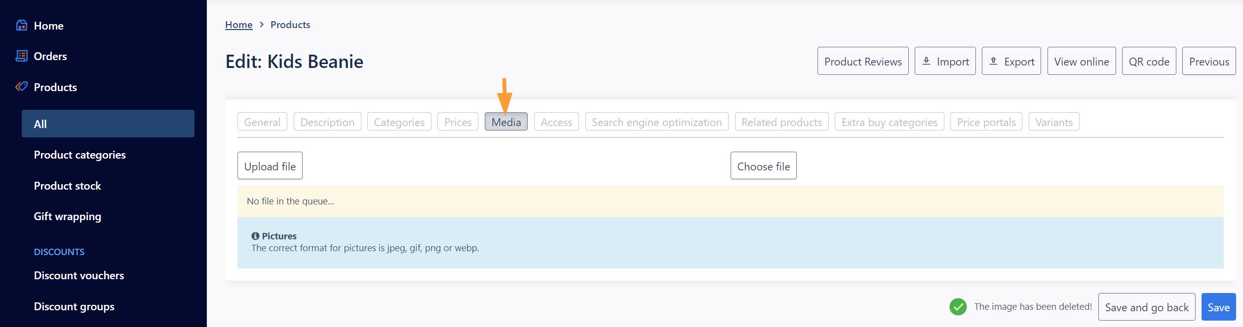 Screenshot of admin