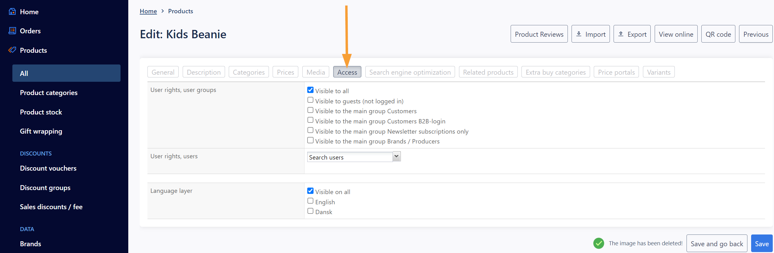 Screenshot of admin