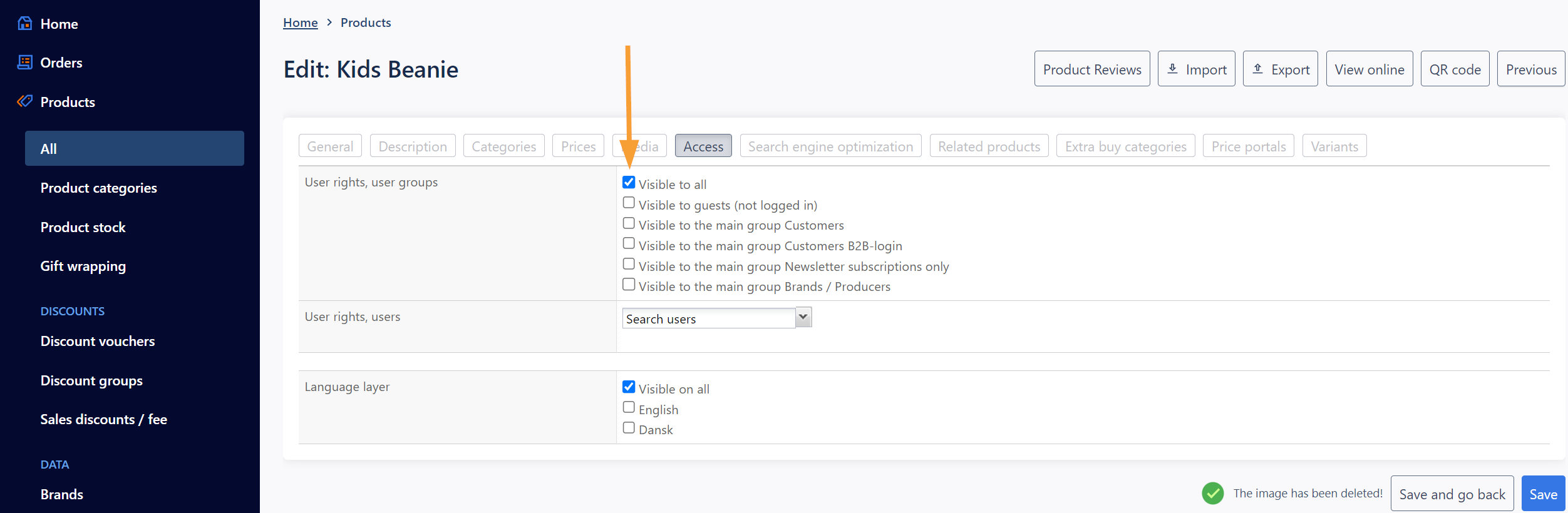 Screenshot of admin