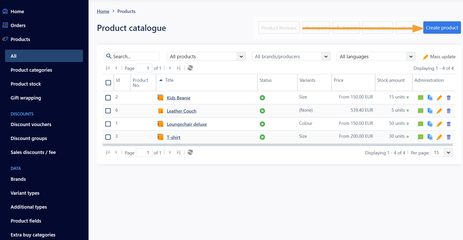 Screenshot of admin